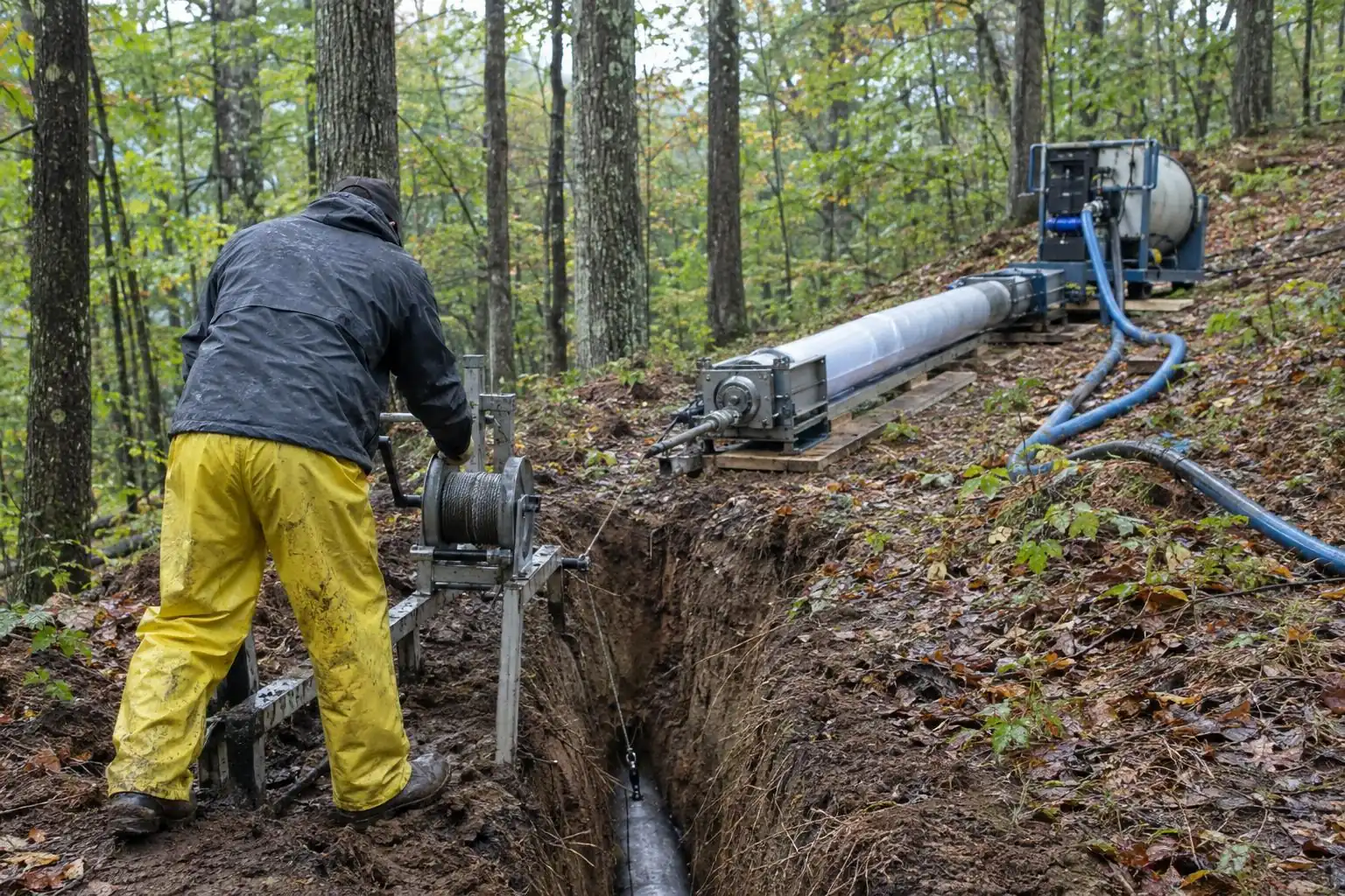 A worker in yellow rain pants beside a winch at the edge of a trench on a wooded slope, a lining machine and blue hoses beside it